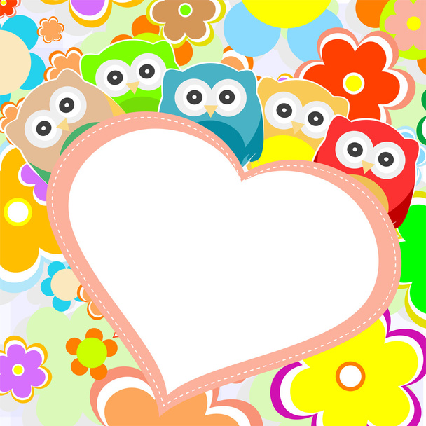 Owls, flowers and valentines heart in frame. vector - Vektori, kuva