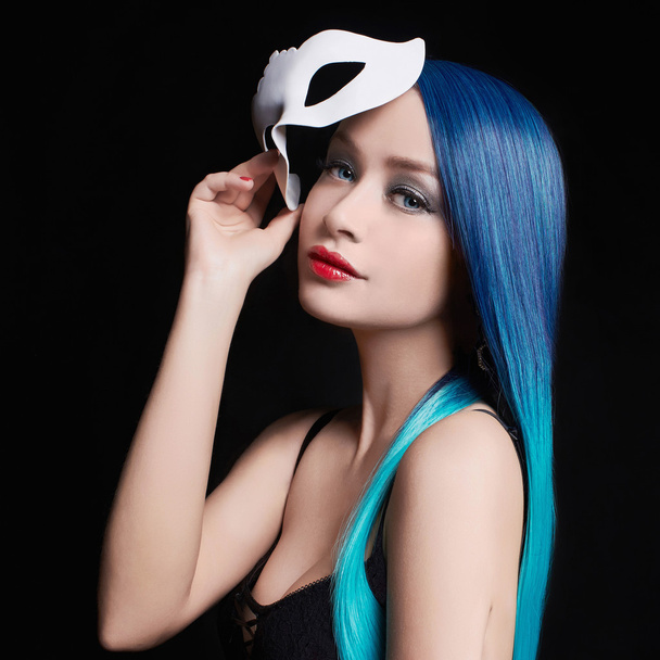 halloween girl in mask and blue hair - Фото, изображение