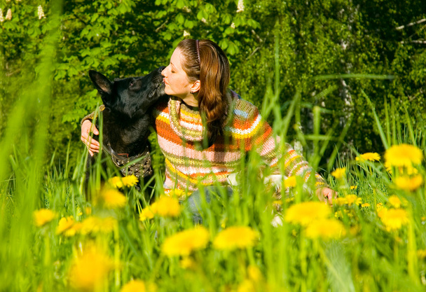 Woman with her dog on meadow - Fotoğraf, Görsel