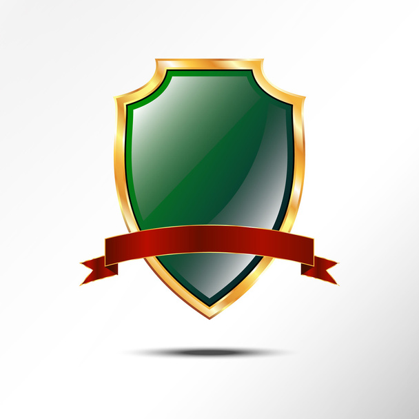 Metallic green golden shield with red ribbon - Vector, afbeelding