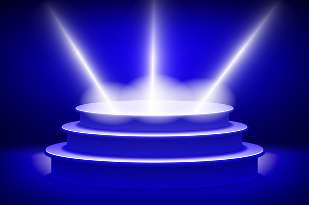 Empty stage lit with lights on blue background. On the podium shines a bright spotlight - Vector, Image