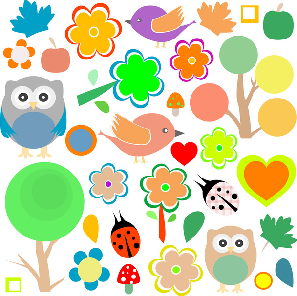 Set birds and owls, trees and flowers vector background - Vektör, Görsel