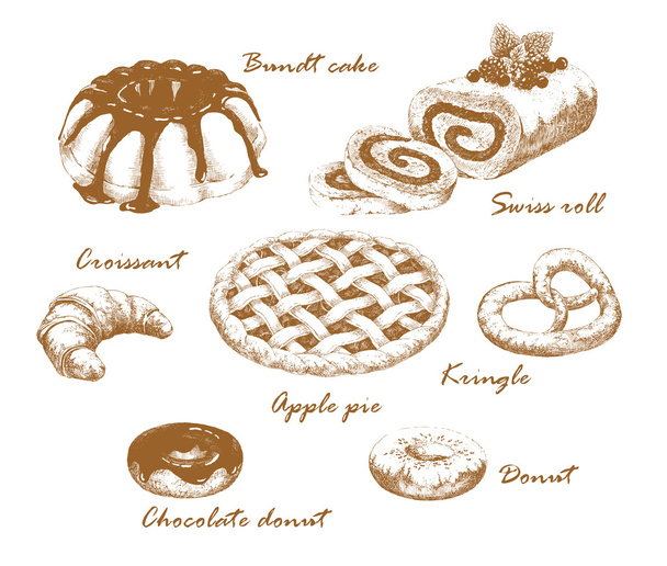 Set of hand drawn baked goods - Vector, Image