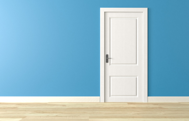 Κλειστή λευκή ξύλινη πόρτα σε μπλε τοίχο, λευκό ξύλινο πάτωμα - Φωτογραφία, εικόνα