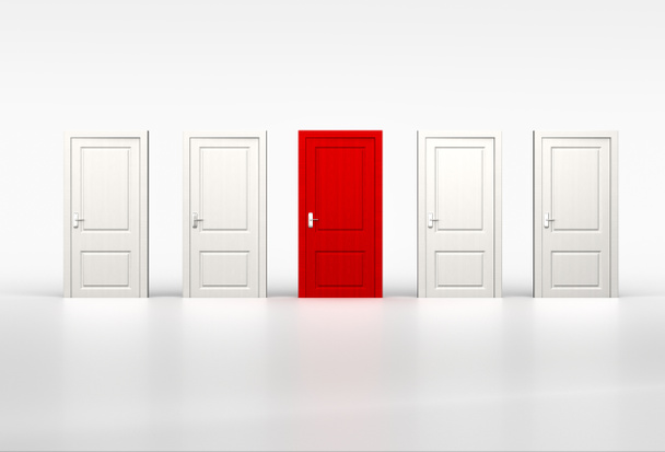 Concepto de individualidad y oportunidad. Puerta roja en fila de whi
 - Foto, imagen
