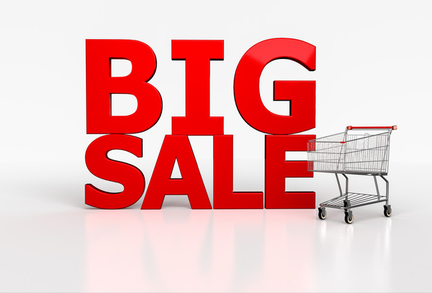 Μεγάλη πώληση 3D λέξη και ρεαλιστικό καλάθι αγορών σε λευκό φόντο - Φωτογραφία, εικόνα