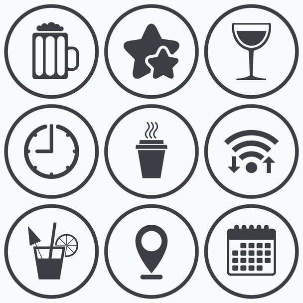 Drinks signs. Coffee cup, glass of beer icons. - Vector, afbeelding