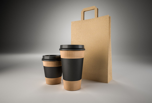 İki kağıt bardak kahve siyah Etiketler ve kağıt torba için. Görüntü - Fotoğraf, Görsel
