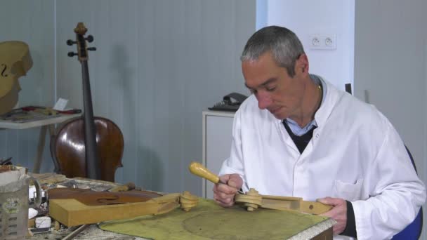 Luthier esculpir uma cabeça de violoncelo
  - Filmagem, Vídeo