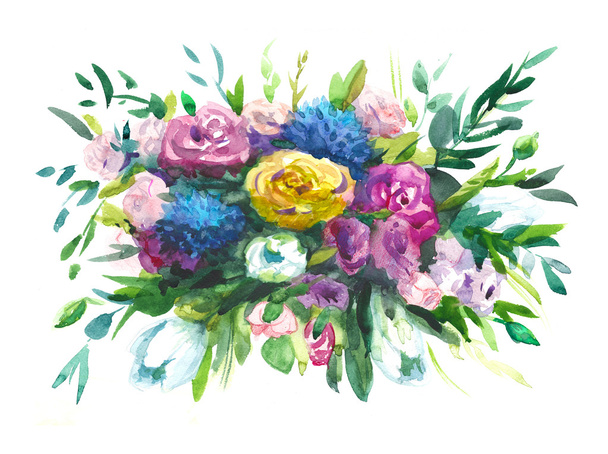 Watercolors bouquet of multicolored flowers - Photo, Image