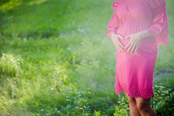 Bela mulher grávida macia em pé no prado verde
 - Foto, Imagem