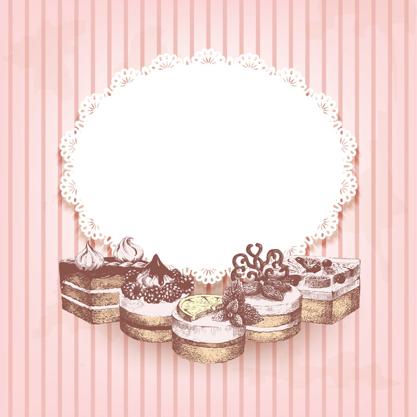 Pink retro background with hand drawn cakes - Vector, Image