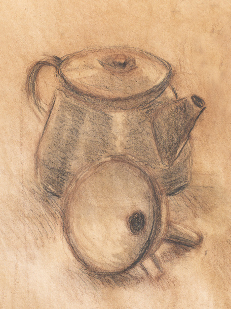 Drawing tea kettle on old paper. Original hand draw. - Photo, Image