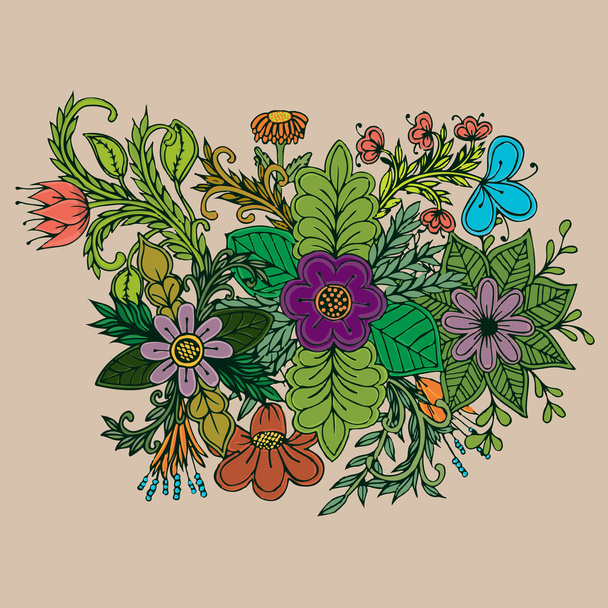 Vector floral pattern in doodle style with flowers and leaves. floral background. - Vector, Image