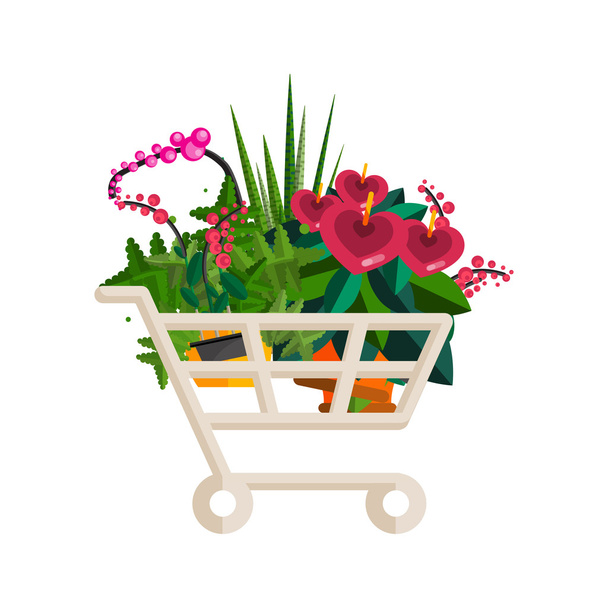 Florist shop.Shopping cart with plants.Flower store flat design. - Vektori, kuva