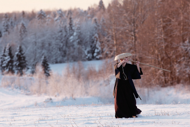 Samurai in winter field - Foto, Imagem