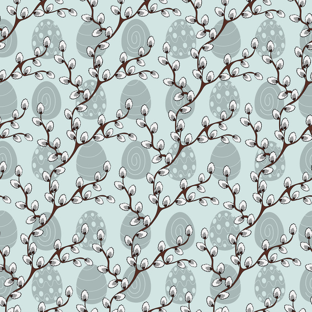 Seamless pattern background with beautiful pussy-willow spring branches and Easter eggs. Happy Easter. - Vektor, kép