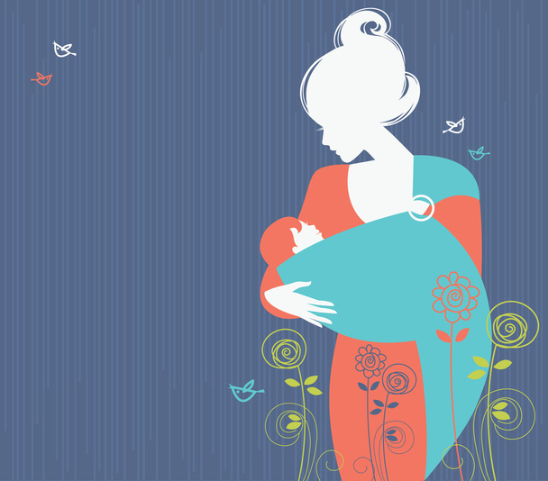 Beautiful mother silhouette with baby in a sling and floral back - Vector, Image