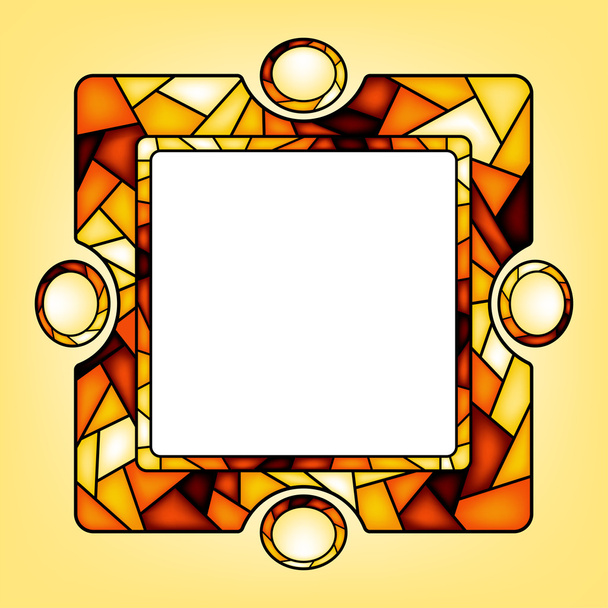 Colorful illustration background, invitation or greeting card template with golden ornament and square frame for the text. Stained glass window mosaic style. - Vector, Image