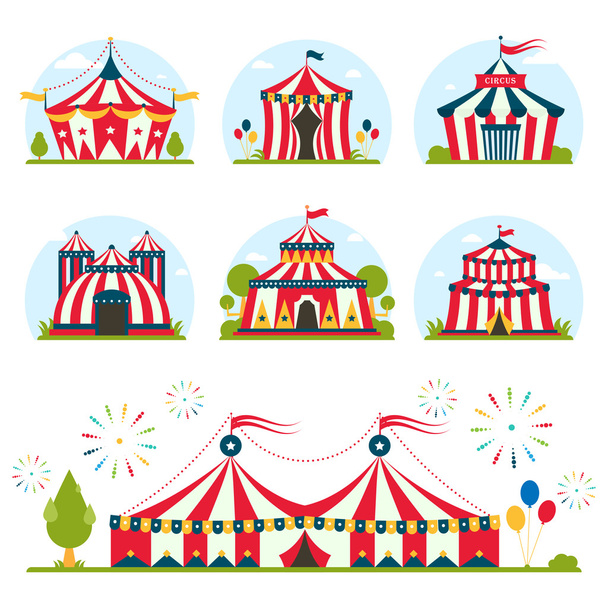 cartoon circus tent with stripes and flags isolated.  Ideal for carnival signs - Vector, Image