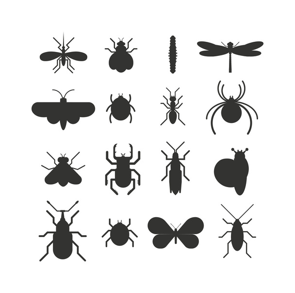 Conjunto plano de silueta negra icono de insecto aislado sobre fondo blanco
. - Vector, Imagen
