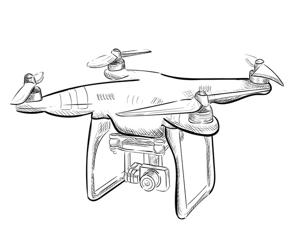 Illustration vectorielle dessin à la main véhicule aérien quadrocopter. Drone pneumatique planant. Croquis de drone
 - Vecteur, image