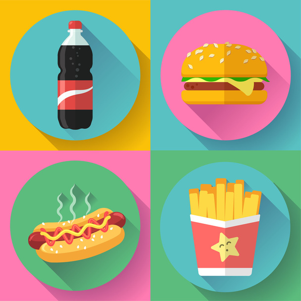 comida rápida conjunto de iconos de diseño plano. hamburguesa, cola, perrito caliente y papas fritas
 - Vector, Imagen