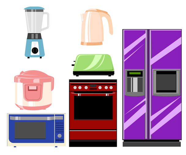 Sada domácích kuchyňských výrobků: mikrovlnné trouby a pece, mlýnek. Vektorový výkres. Vektorová ilustrace v plochém stylu. - Vektor, obrázek