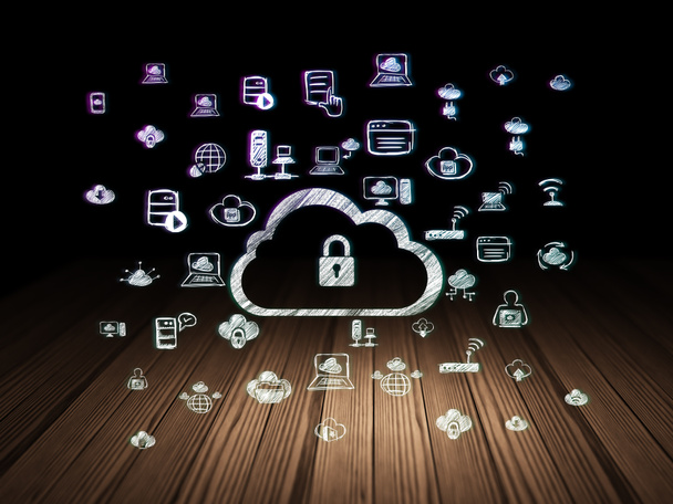 Cloud technology concept: Cloud With Padlock in grunge dark room - Photo, Image