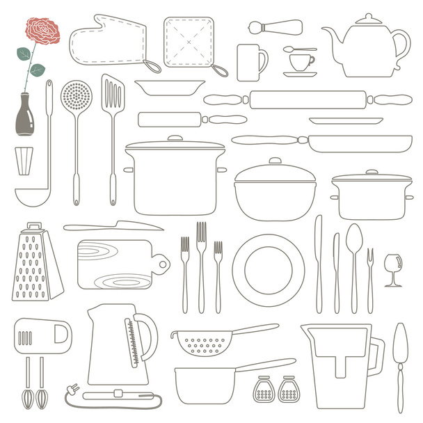 Kitchen outline icons set - Vektör, Görsel