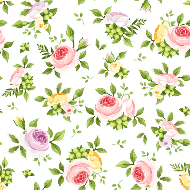 Seamless pattern with colorful roses and green leaves. Vector illustration. - Вектор, зображення