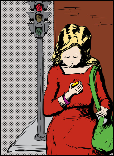 Μία γυναίκα που διασχίζουν το δρόμο, ενώ χρησιμοποιείτε το τηλέφωνο - Διάνυσμα, εικόνα