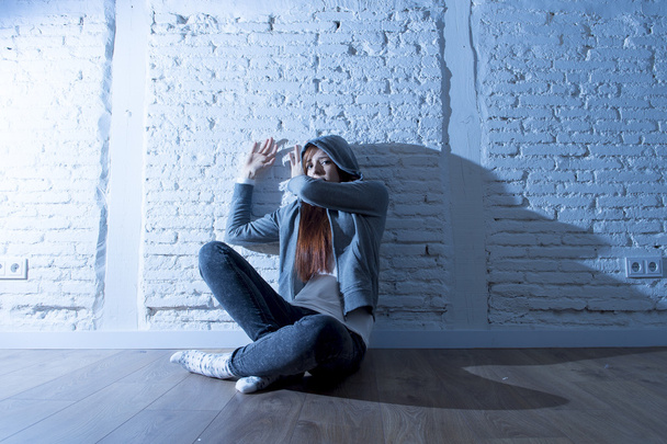 teenager girl or young woman feeling sad and scared looking overwhelmed and depressed - Photo, Image