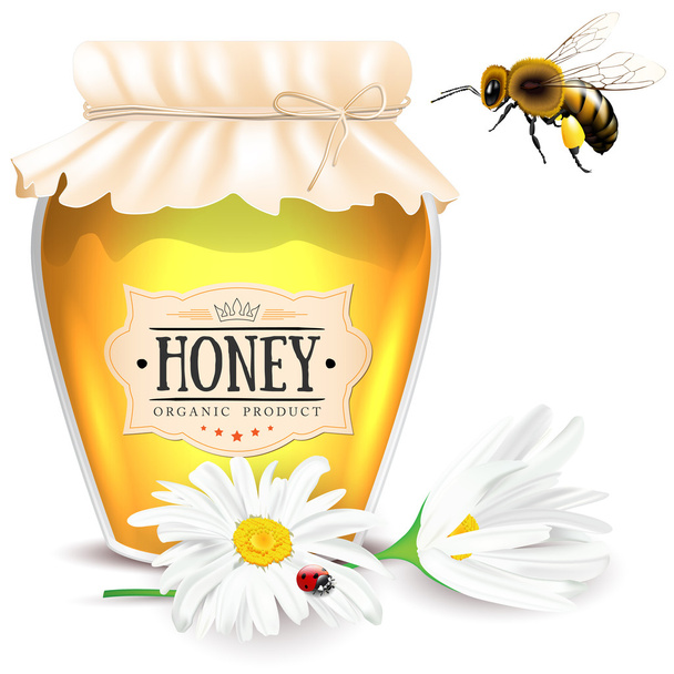 Пчела, маргаритки и стакан меда
 - Вектор,изображение