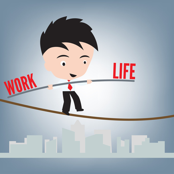 Business Man de pie equilibrio de la vida laboral en alambre o cuerda, concepto de gestión, vector de ilustración en diseño plano
 - Vector, imagen