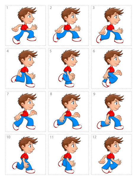 Animation of running boy, twelve frames - Vector, Image