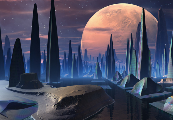 Futuristische Alien City - 3d Computer Artwork - Foto, afbeelding