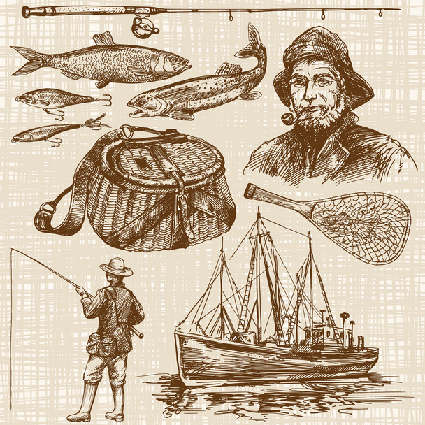A pescar. Conjunto desenhado à mão
 - Vetor, Imagem