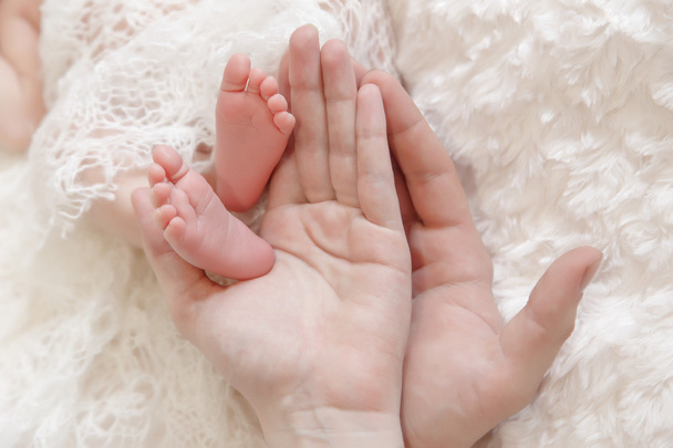 Apró újszülött lábak és a lábujjak, anya és apa kezében. Természetes megvilágítással - Fotó, kép