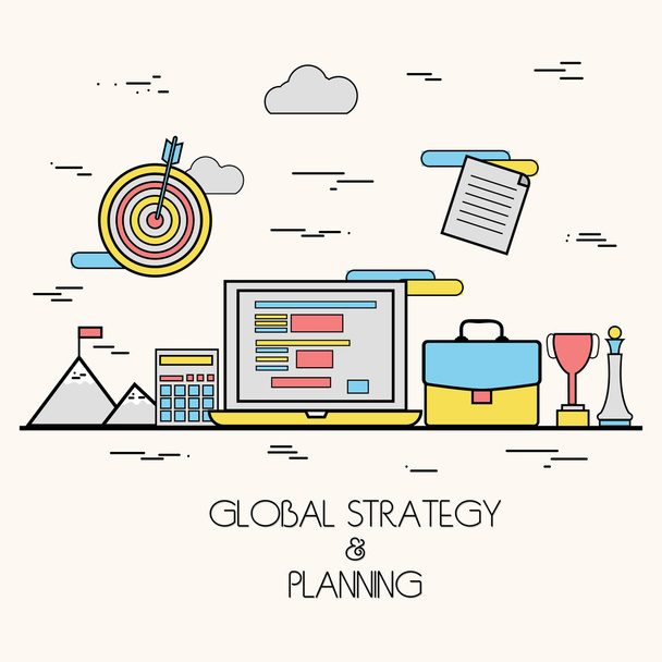 Επίπεδη απεικόνιση της παγκόσμιας επιχειρηματικής στρατηγικής και σχεδιασμού. - Διάνυσμα, εικόνα