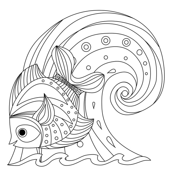 Coloring page fish and wave - Vektör, Görsel