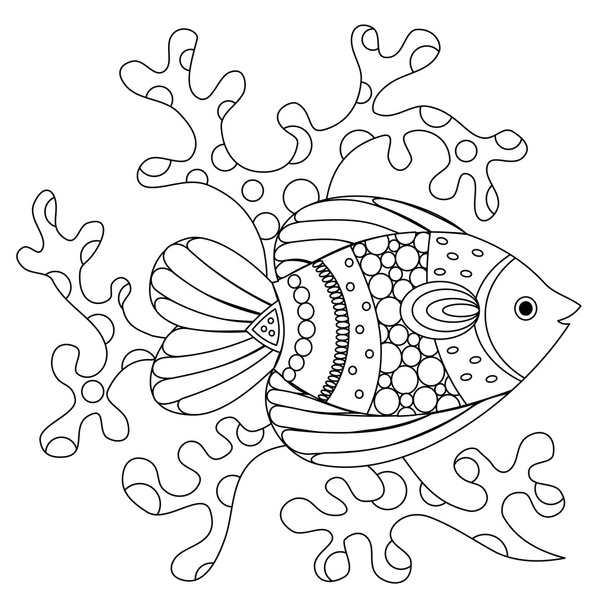 Fish and coral coloring page - Vektör, Görsel
