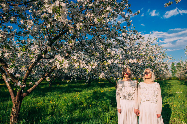 two twin sisters in a cherry blossom - Photo, image