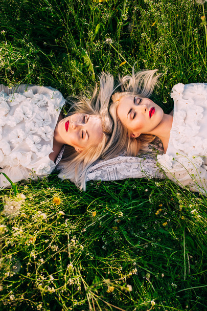 twins sisters lying on green grass - Photo, Image