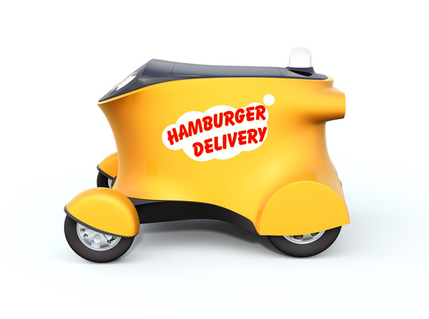 Widok z boku dostawy autonomicznego robota samochodu. "Hamburger dostawy" tekst na stronie robot car - Zdjęcie, obraz