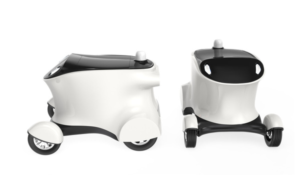 Concept van zelf-rijdende auto van levering robot. De robot kan dragen pizza, hamburger zonder chauffeur. Kopie ruimte in lichaam beschikbaar - Foto, afbeelding