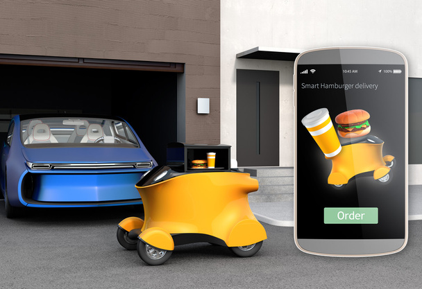Автономный курьерский робот перед гаражом в ожидании сбора гамбургера. Интерфейс смартфона для доставки гамбургеров слева
 - Фото, изображение