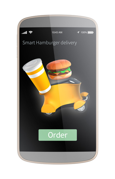 Interfaz de las aplicaciones del teléfono inteligente para la hamburguesa de la orden y entrega por el coche del robot
 - Foto, Imagen