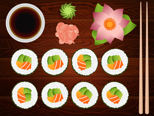 Sushi roll set soy sause gember stokjes 8 - Vector, afbeelding