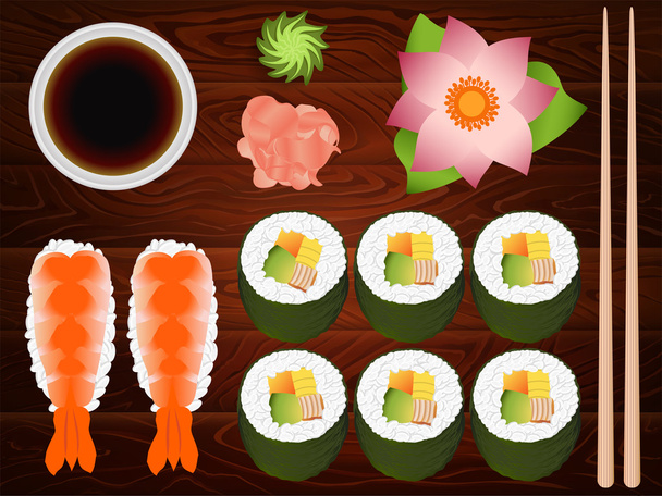 Sushi Roll Sashimi Set Soy Sause Ginger 10 - Vector, imagen